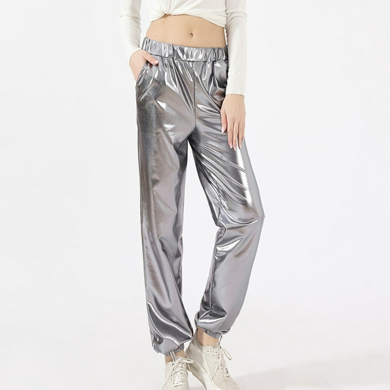 Women High Waisted Cargo Pants Fashion Loose Pants Street Slacks In Metallic  Color For Sports Street Hop Party Shiny Casual Trousers 