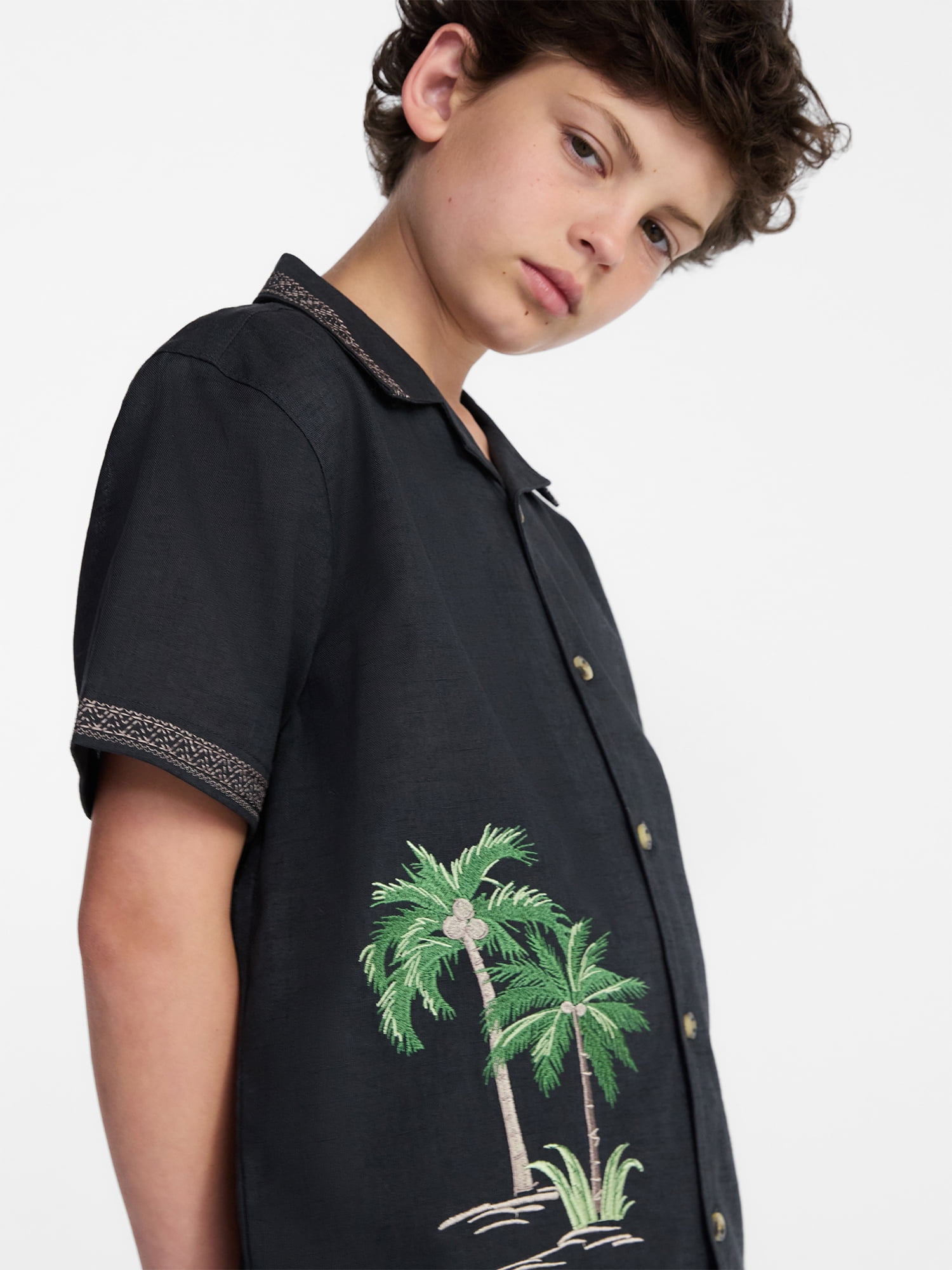 Weekend Academy Boys Embroidered Button Shirt with Short Sleeves, Sizes 4-18