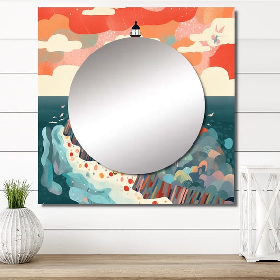 Designart "Lighthouse on the Coast I" Coastal Peach Large Square Mirror - Square Bedroom Mirror Printed Wall Decor - Coastal Square Printed Wall Mirror Art