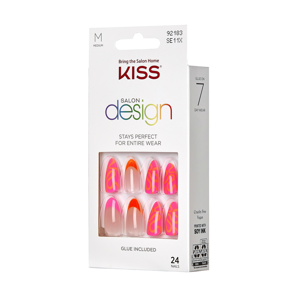 KISS Salon Design Press-On Nails, 'Mood on fleek', Pink, Medium Almond, 27 Ct.