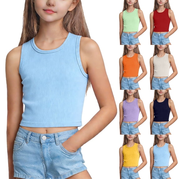 NAISIBABY Girls Tank Tops with Ribbed Knit, Crewneck Casual Active Breathable Soft Summer Cami Crop Tops Light Blue (5-14T)