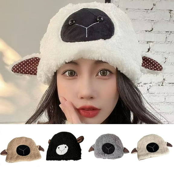 D-GROEE Plush Hat Cute Fuzzy Cozy Thickened Stretchy Keep Warm Soft Autumn Winter Sheep Lamb Ears Girls Cap for Daily
