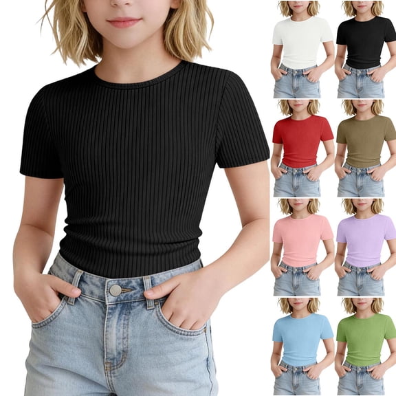 akafmk Girls Short Sleeve T-Shirts Ribbed Knit Slim Fitted Tops Crewneck Soft Versatile Activewear Casual Basic Tees Summer Tops, 5-16Y