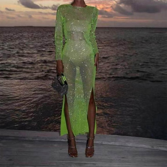 Women Dresses Long Sleeved Leisure Dresses Solid Round neck Sexy Fashion Dresses Green Trendy Skirt Size XL