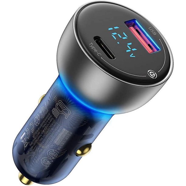 Cargador de coche USB C, cargador de coche USB rápido de metal de 65 W, adaptador de coche de doble puerto Pd3.0 y Qc4.0 con pantalla LED para ordenador portátil USB-c, Macbook, Iphone 12/12 Pro/