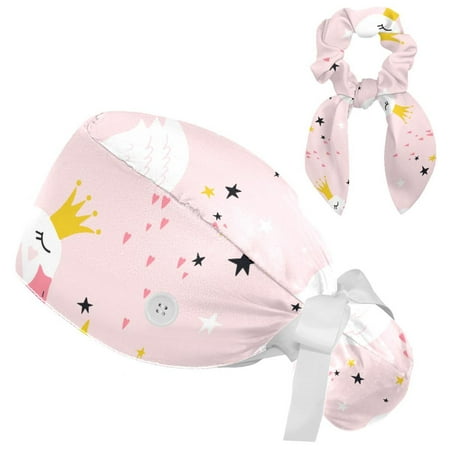 

Working Cap with Buttons and Sweatband Scrub Hat Bouffant Caps with Scrunchie Cute Princess Swan Tie Back Hats