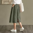 thumbnail image 5 of Cotton Linen Midi Skirts For Women Elastic Waist Button Detail A-Line Skirt Summer Casual Lounge Vacation Skirts With Pockets, 5 of 7