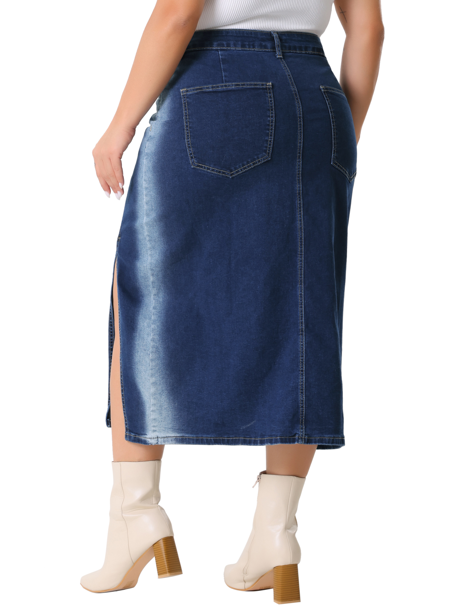 DARING DIVA Women's Plus Side Slit Button with Pocket Jean Denim Skirts 3X Dark Blue
