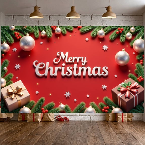 Red Theme Merry Christmas Banner Silver Ornaments Christmas Display Pine Branches Gift Boxes Xmas Backdrop for Christmas Party Home Decoration Indoor Gathering