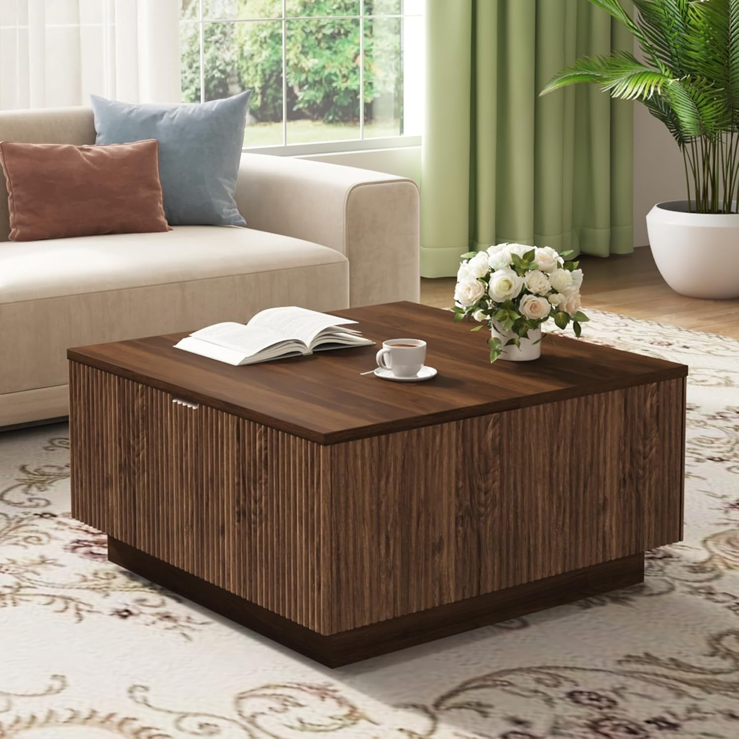 Lift Top  Wood Coffee Table with Hidden Storage Compartment for Living Room, 31-Inch Farmhouse Fluted Center Tea Table with Wooden Lift-Top for Home, Apartment, Small Space, Brown Walnut