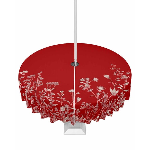 Fsddascl Red Botanical Outdoor Tablecloth - 60 Inch Round Dining Table Cover, Farmhouse Spring Summer Flower Waterproof Outdoor Table Cloth with Umbrella Hole & Zipper for Picnic/Patio/Party