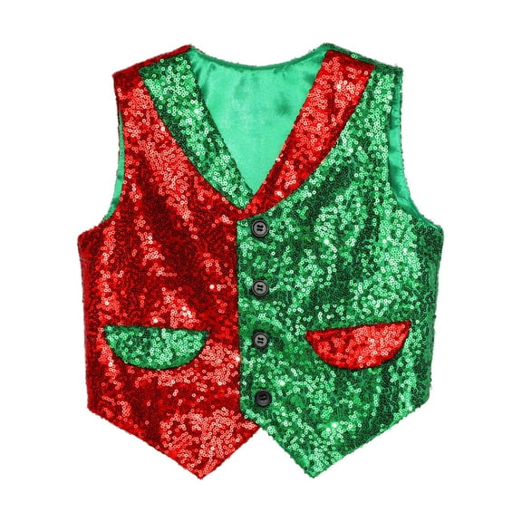 iiniim Boys Sparkly Sequins Christmas Santa Elf Vest Waistcoat Jacket Sleeveless Latin Jazz Disco Dance Costume Red&Green 6