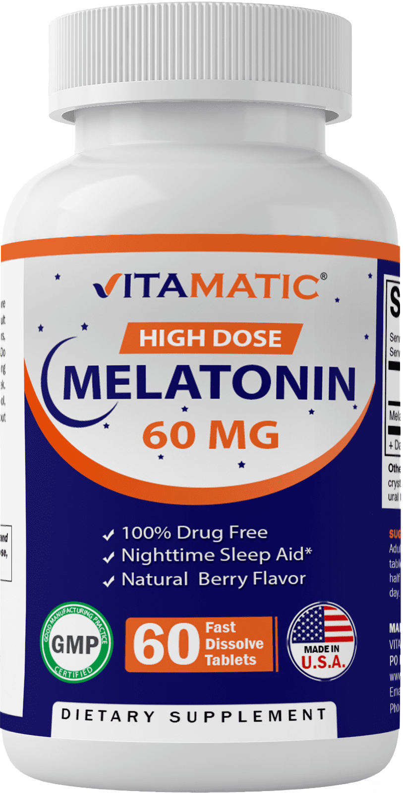 Vitamatic Melatonin 60mg Fast Dissolve Tablets - 60 Vegan Natural Berry Flavor Tablets - Non-Habit Forming, Sleep Support - Promotes Natural Sleep - Non-GMO, Gluten Free Supplement