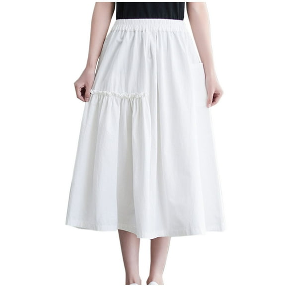 Women's Casual A Line Flowy Midi Skirt Elastic High Waist Side Ruffle Pleated Long Skirts with Pockets