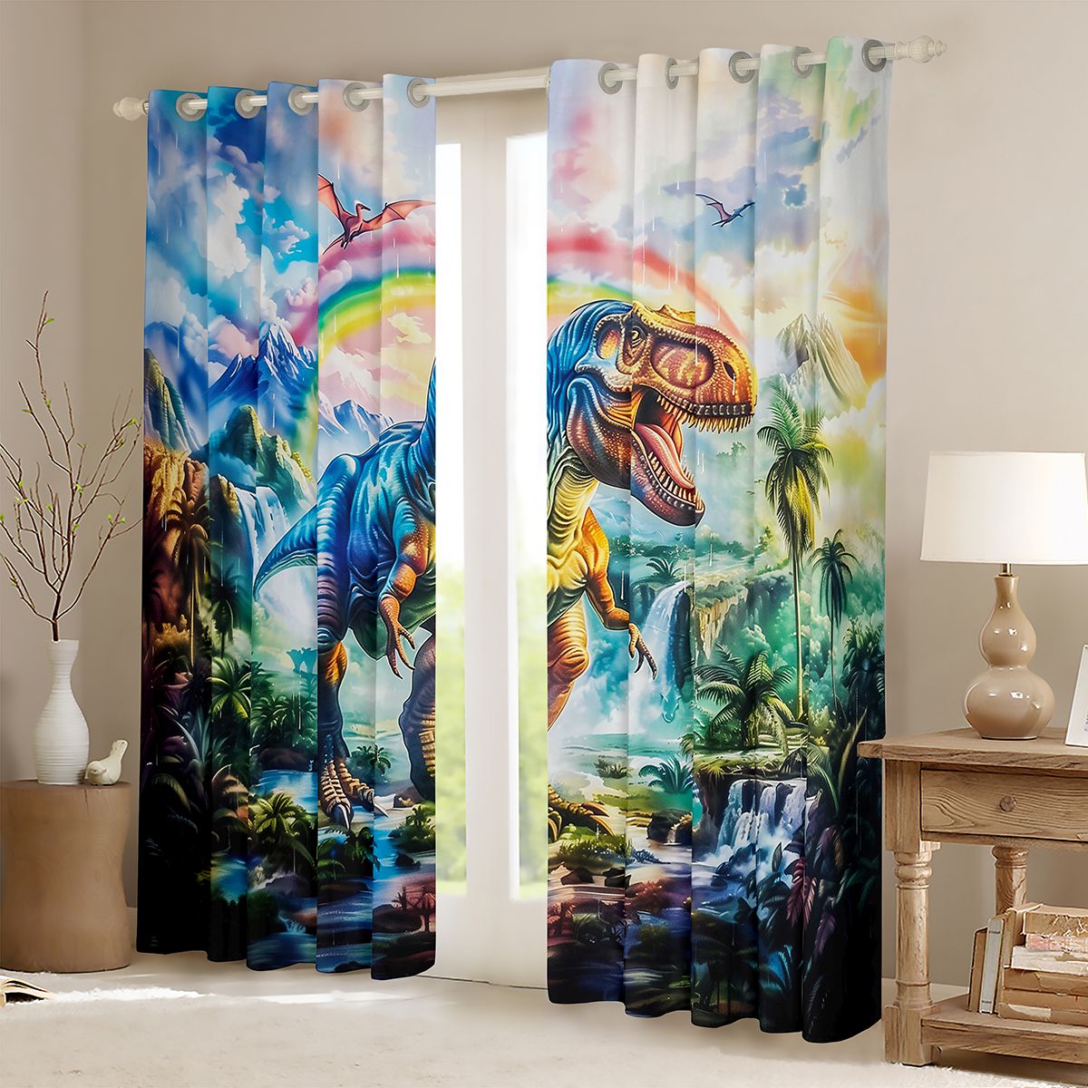 Manfei Ancient Dinosaur Black Out Curtains,Tropical Botanical Coconut Curtains Pack of 2 (42x63 Each),Rainbow Print Bedroom Curtains For Kids,Microfiber Bedroom Decor