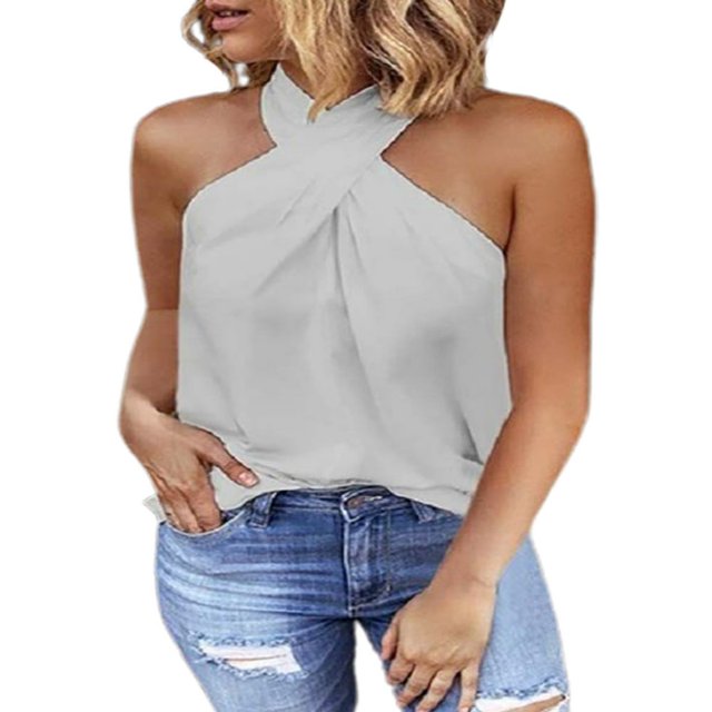 Hauts d'Été Femmes Licol Cou Sans Manches T-Shirts Unis Blouses Décontractées