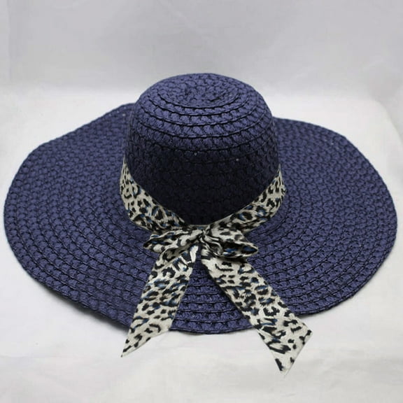 Lolmot Women Beach Hat Big Brim Straw Hat Sun Floppy Wide Brim Travel Hats Leopard Print Bowknot Summer Beach Cap Panama Hat Sun Protection Hat