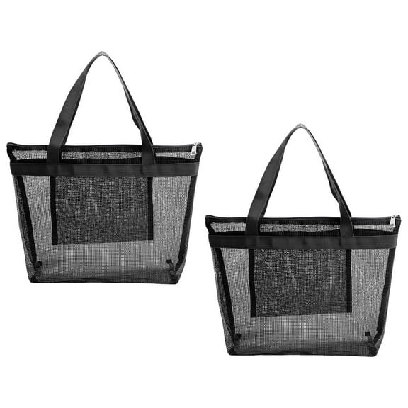 OFFIGAM 2Pcs Black Mesh Beach Tote Bag for Women with Large Opening Design for Picnic