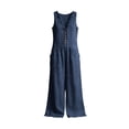 thumbnail image 7 of Brnmxoke Oversize Jumpsuit for Women,Summer Plus Size Ruffle Hem V Neck Button Down Jumpsuits Dressy Casual Linen Sleeveless Wide Legs Overall with Pocket Navy,XXL, 7 of 7