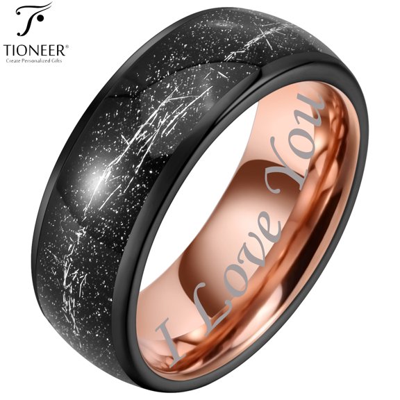 Tungsten Carbide Black and Rose Gold w/ Galaxy Silver Foil Fragments Inlay 8mm Band w/ Free Engraving Options