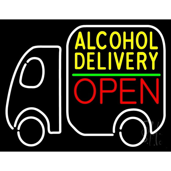 Alcohol Delivery Open LED Neon Sign 15 x 19 - inches, Clear Edge Cut Acrylic Backing, with Dimmer - Bright and Premium built indoor LED Neon Sign for restaurant window and interior decor.