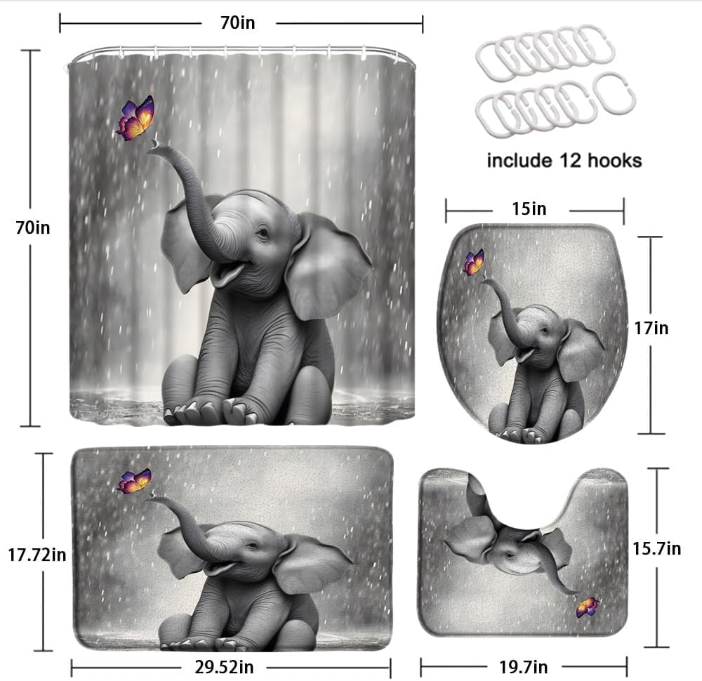 4Pcs Cute Elephant Shower Curtain Sets with Bath Rug U Shape Mat and Toilet Lid Cover Grey Animal Butterfly Funny Wildlife Modern Kids Bathroom Decor Curtains Set with 12 Hooks