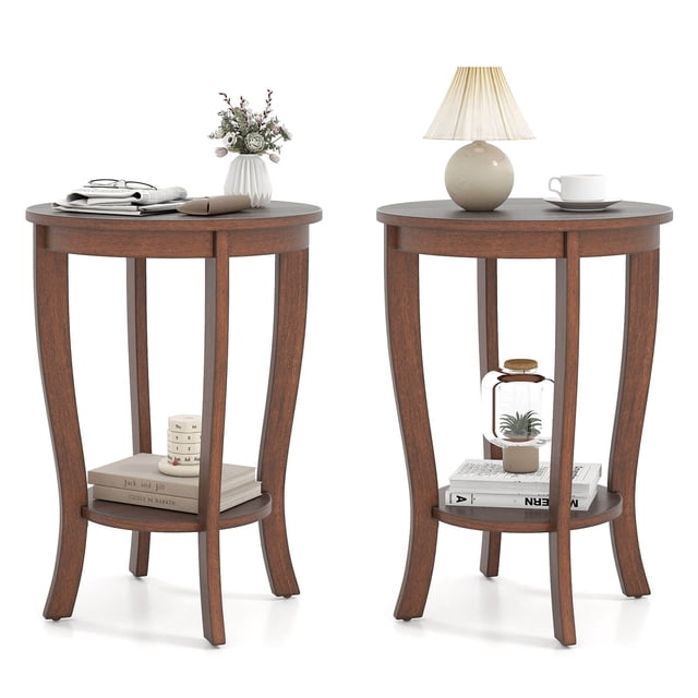 Costway 2 Pcs Table d'Appoint à 2 Niveaux 18 Pouces Ronde Compacte Table de Chevet de Canapé avec Tablette de Rangement Brun