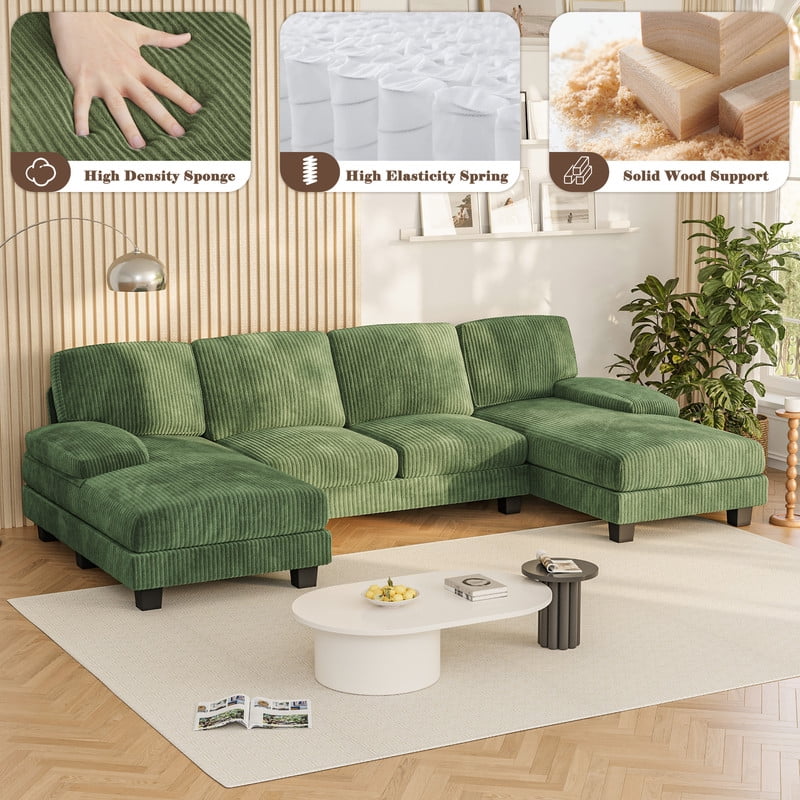 Homall U Shaped Sectional Sofa with Soft Corduroy Sofa Couch with Double Chaise for Apartments,Living Room, Corduroy Green
