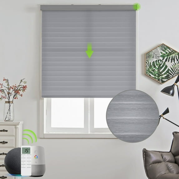 Yoolax Motorized Shangri-la Sheer Shade Remote Control Wireless Battery Rechargeable Window Blinds for Privacy(60% Shading Texture Grey,39"W x 72"H)