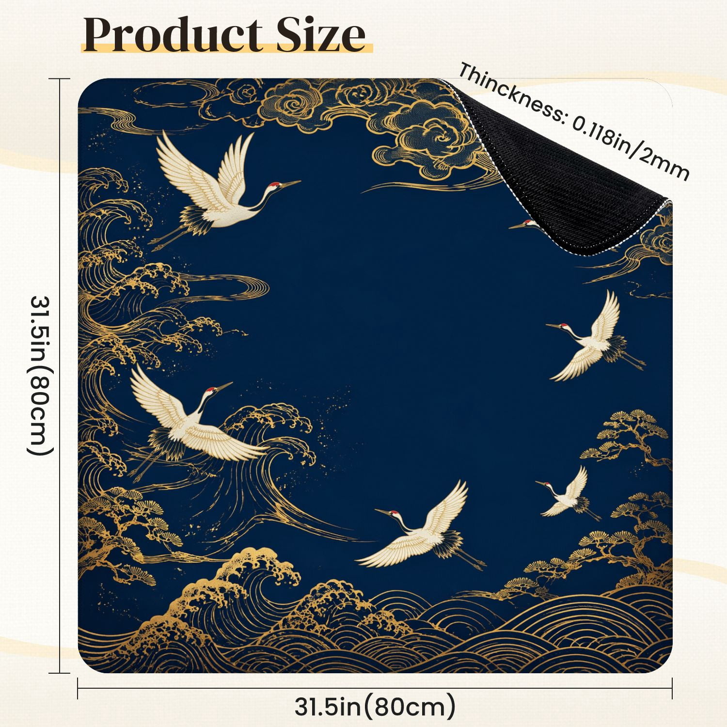 Mahjong Mat 31.5" x 31.5" Golden Waves Birds Deep Blue Non-Slip Noise Reduction Mahjong Tiles Table Cover for Dominoes Poker Card Board and Tile Games