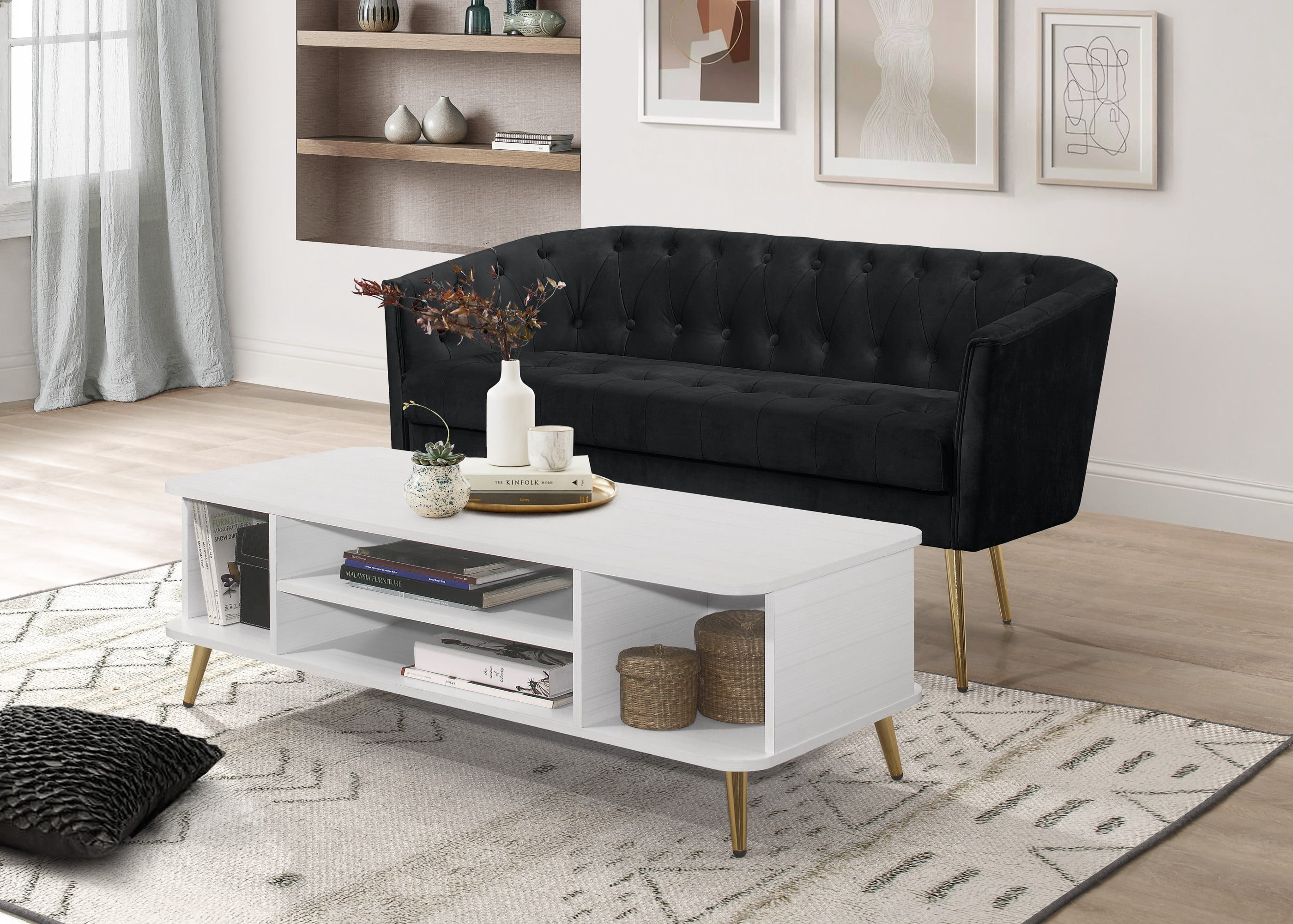 Home Design 2-Piece Cassy Velvet Flared Arm Living Room Furniture Set with Chair with Stool, Loveseat with Coffee Table, Black