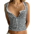 thumbnail image 5 of Biekopu Women's Summer Tank Tops Sleeveless Button Down Plaid Print Lace Trim Casual Crop Tops, 5 of 7