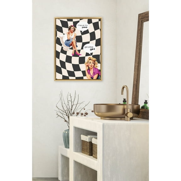 Kate and Laurel Sylvie Go Piss Girl Black Framed Canvas Wall Art by Honey Island Studio, 18x24 Bright Gold, Modern Funny Art for Wall
