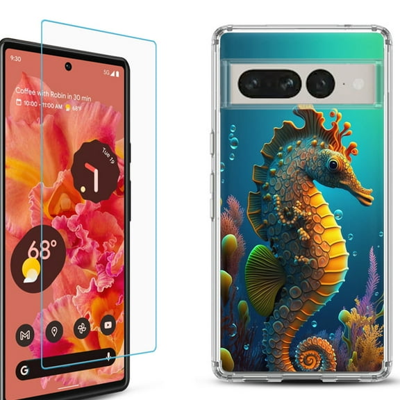 Shockproof Bumper Phone Case for Google Pixel 7, with Tempered Glass Screen Protector, by OneToughShield ® - Seahorse