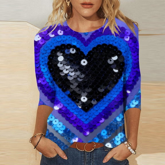 Blmnix Valentine Shirts for Women Love Heart Pullover Clothes Crew Neck 3/4 Sleeve Womens Spring Blouses