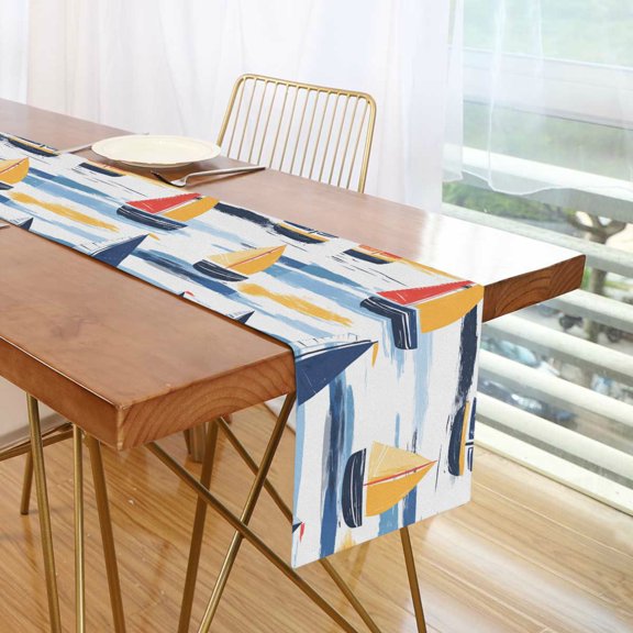 Yayeee Table Runner 70 inches Long Home Kitchen Dinning Party Decoration, Orange Hand Drawn Sailboats