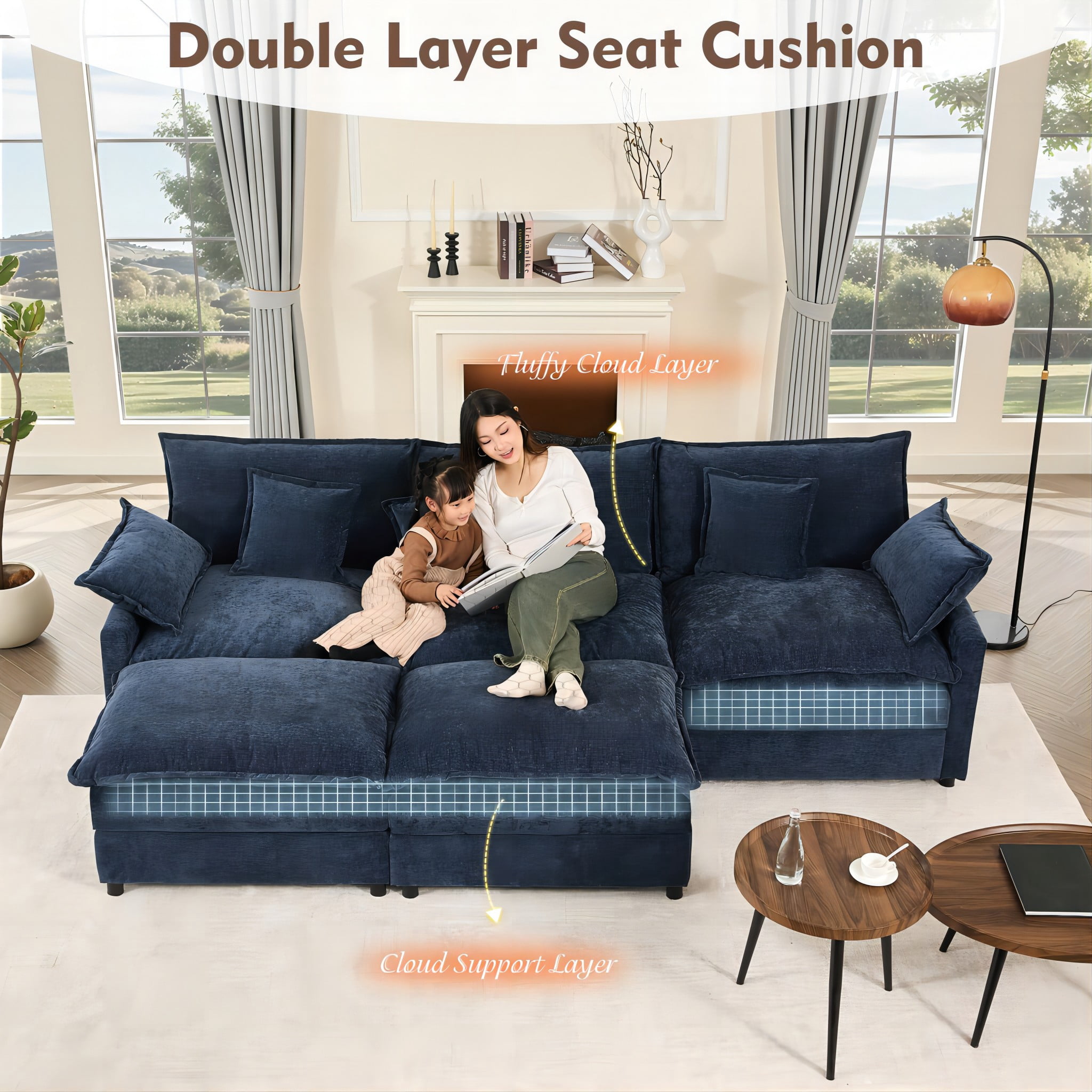 Bigsyy 3 - Seat Sectional Sofa Couch, Comfy Cloud Style, Deep Seat, Sleeper Function with Throw Pillows. Ideal for Adult - Occupied Living Rooms, Modern Design, Cozy Chenille, Navy
