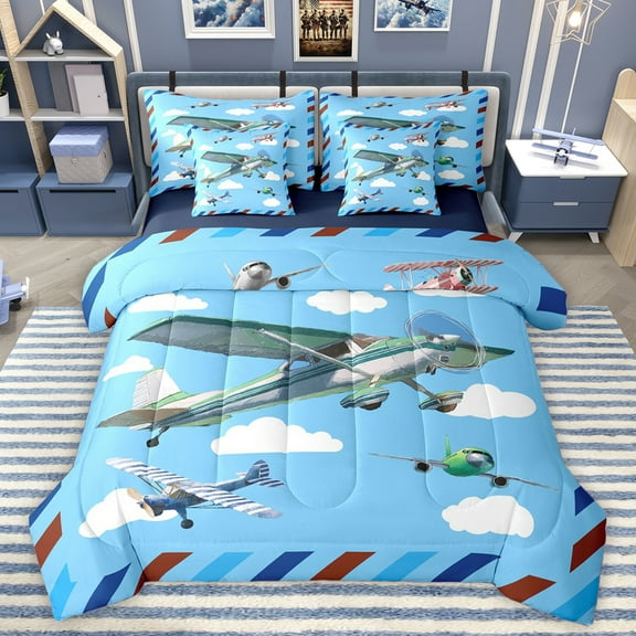 Homewish Cartoon Aircraft Airplane 7-Piece Twin Bedding Sets,Watercolor Graffiti Bedding Comforter Set,Geometric Striped Lines Sheet Sets For Boys Kids,Breathable Home Decor Reversible