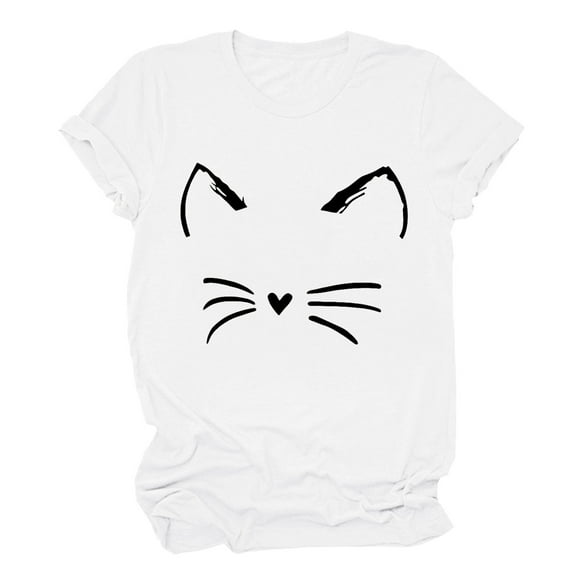 TSADFHJI Womens Long Sleeve Tops Dressy Women Round Neck Short Sleeve Everyday Text Botanical Floral Cat T Shirt Top M White