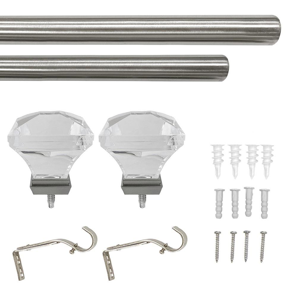 Lumi 1" Brushed Nickel Acrylic Square Single Curtain Rod, 36-72"