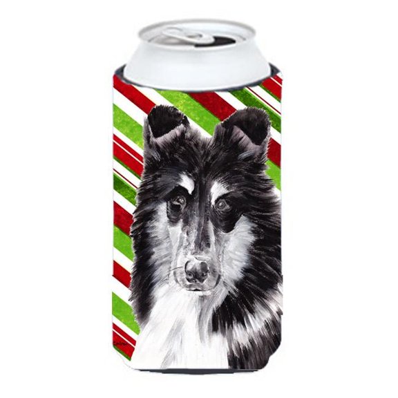 Black And White Collie Candy Cane Christmas Tall Boy bottle sleeve Hugger - 22 To 24 Oz.