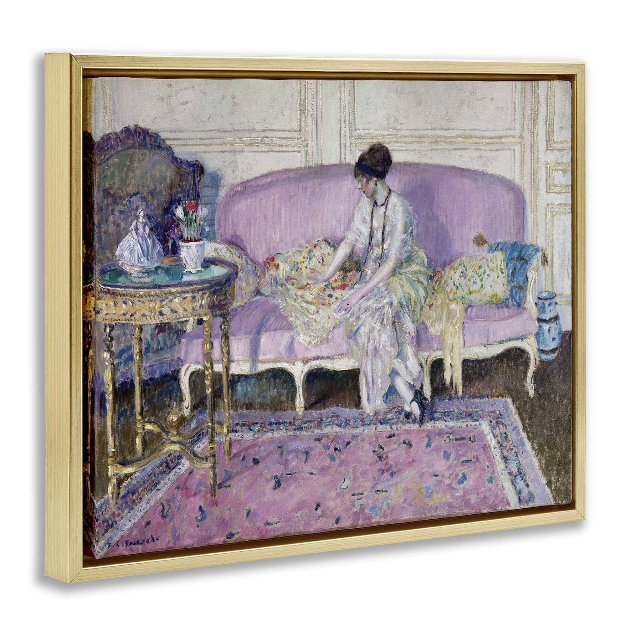 Stupell Industries Classical Woman on Sofa People Painting Gold Floater Framed Canvas Art Print Wall Art, 31 x 25