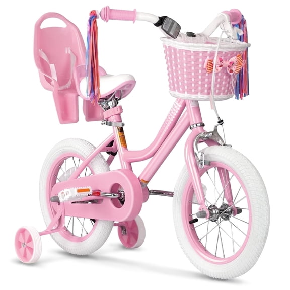 XJD Girls Bike for Toddlers 3-9 Years Old Kids, 14 inch Kids Bike with Training Wheels, Streamers, Basket and Doll Seat, Children Bicycles with Handbrake