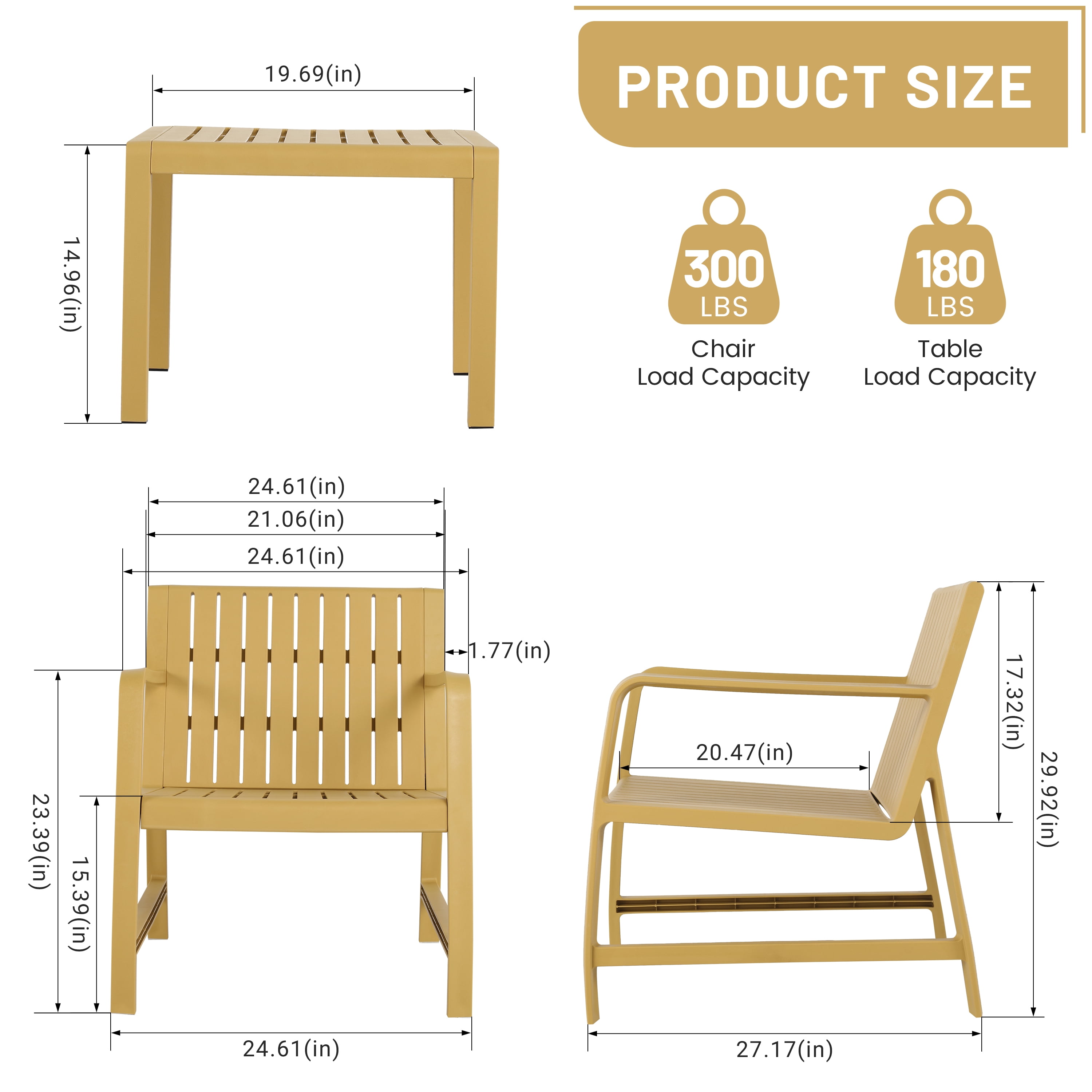 Patio Furniture Set, 2 Piece PP Material Chair Table Combo for Garden Balcony Yard, Yellow