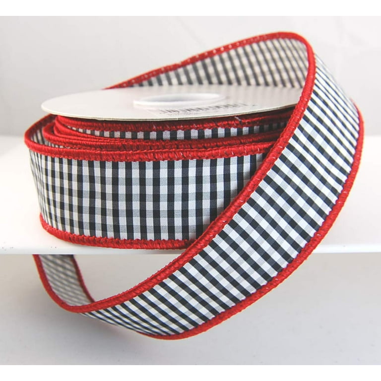 Wire Edged Zinger Black and White Check with Red Edging Christmas Ribbon 1  1/2 10 Yards … 