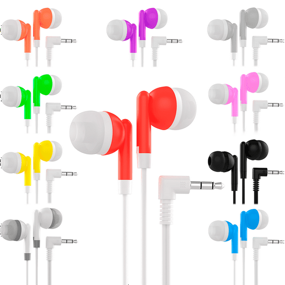 10 Pack Multi Color Earbuds Headphones - School / Library / Bulk Office Supplies Wholesale In-Ear Stereo Earbuds for Kids, Adults - Individually Bagged Gift - 3.5 mm Plug