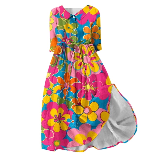 Pisexur Robes pour Femmes 2024 Tendance Boho Imprimé Floral Robe Maxi Décontractée Fluide Manches Courtes Col en V Robe de Retour à la Maison Col à Revers Tunique à Boutons Cordon Robe d'Invité de Mariage Grande Taille Robe Cocktail S-4TG