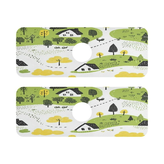 Cartoon Landscape Pattern Quick Dry Silicone Algae Faucet Pad 14.7x5.4in 2 Pack Absorbent Mat for Kitchen Sink, Bathroom Countertop