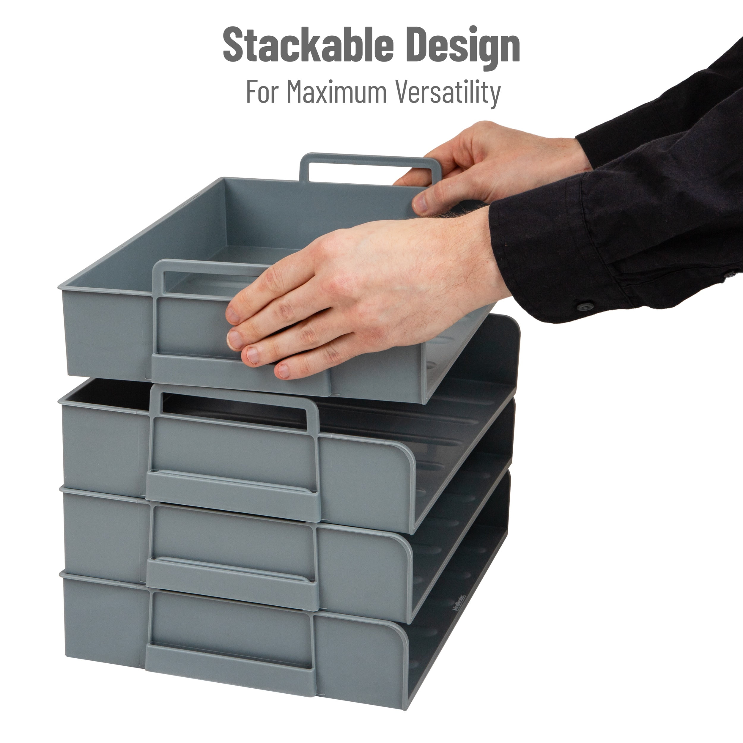 Mind Reader Stackable Paper Tray, Desktop Organizer, File Storage, Office, Plastic, 13.75"L x 10"W x 10.75"H, 4 Pcs., Gray