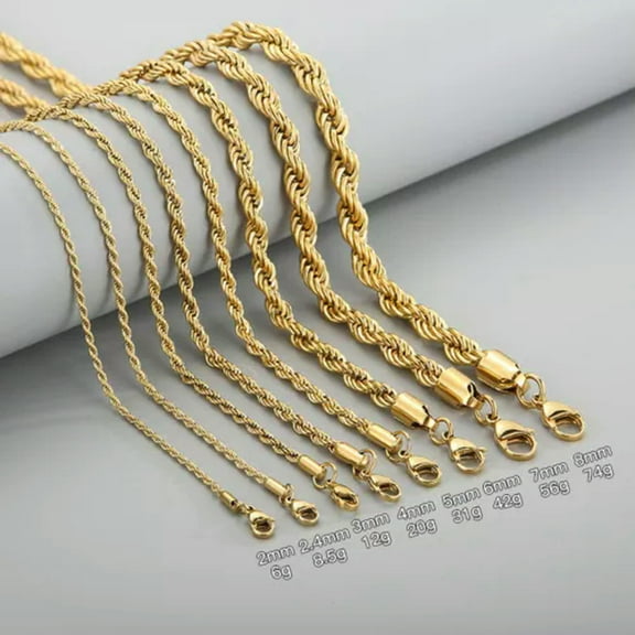 EOEMY 316L Stainless Steel Rope Chain 20"22"24" Men Women Necklace 2/2.4/3/4/5/7/8mm-Gold-7mm-22Inch Or 55Cm